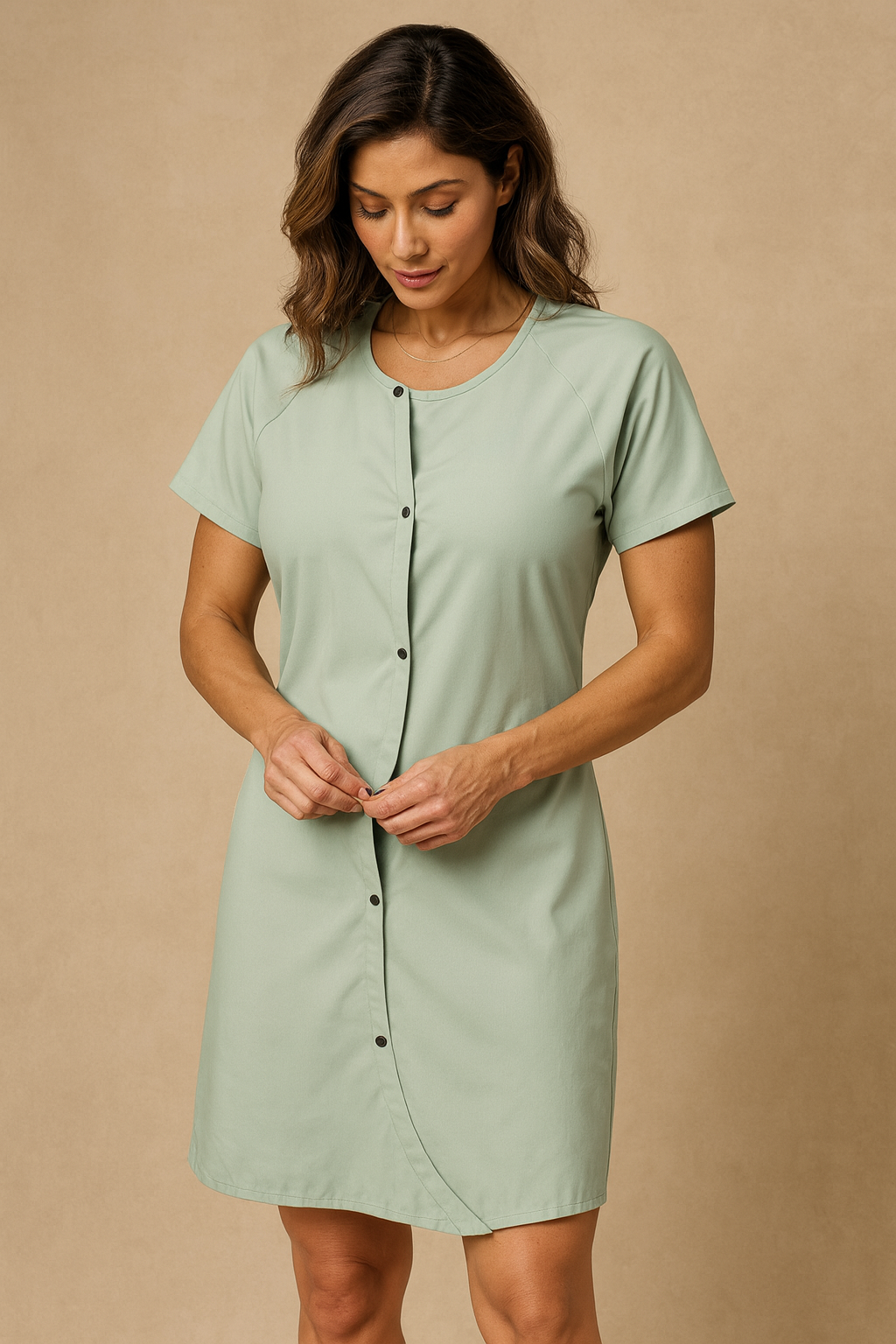 A patient buttoning a GIV Gown