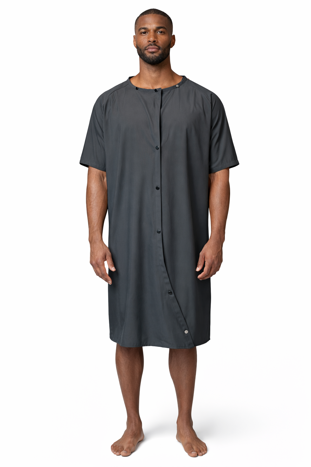 Man wearing a gray nightshirt on a white background