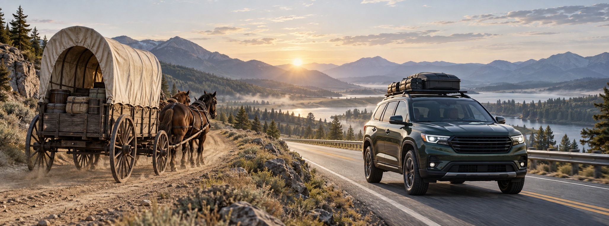 A covered wagon and an unbranded modern SUV traveling through the same mountain landscape